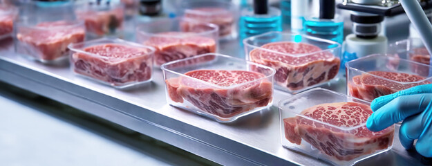 A row of packaged marbled meat in a sterile setting, representing laboratory-cultured or processed meat products.