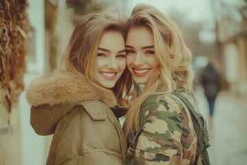 Joyful sisters embracing in warm winter coats outdoors in urban setting