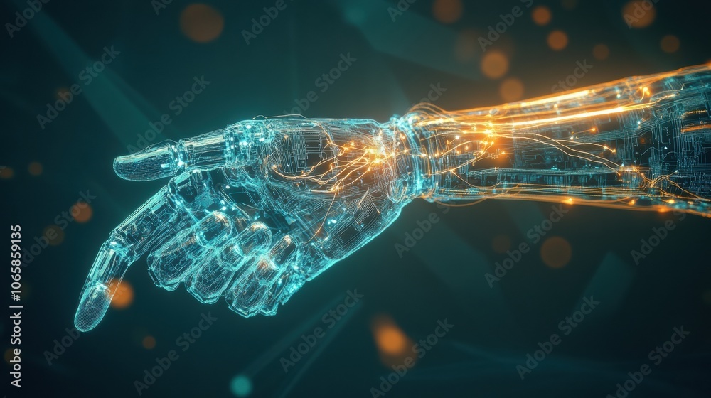 Fototapete A futuristic prosthetic arm is visually connected to a brain, showcasing neural signals glowing in vibrant colors during interaction. Generative AI
