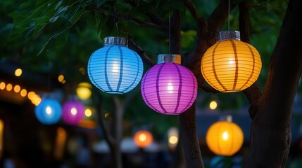 Fototapeta premium Colorful festival lanterns hanging from trees, vibrant and festive evening