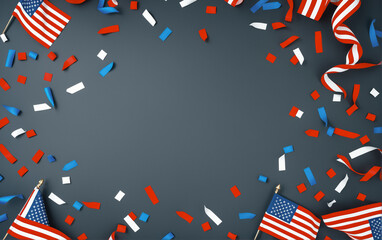 Obraz premium American flag, red and blue caffeine, glitter on grey background. Template for publications. Flatlay. USA Independence Day.