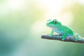 Obraz premium Vibrant green gecko perched on a branch in a serene natural setting