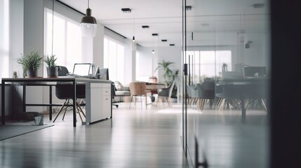 Modern Office Interior Design: A sleek and minimalist workspace. Natural light floods the open-plan office, highlighting the stylish furniture and plants.