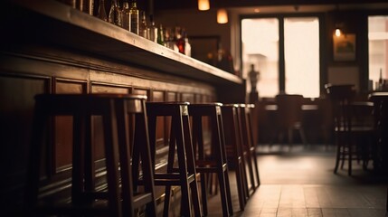Empty Bar Stools at Dusk: A dimly lit bar, inviting and mysterious, with empty stools lined up at the counter. The warm lighting and quiet atmosphere create a sense of anticipation and untold stories.