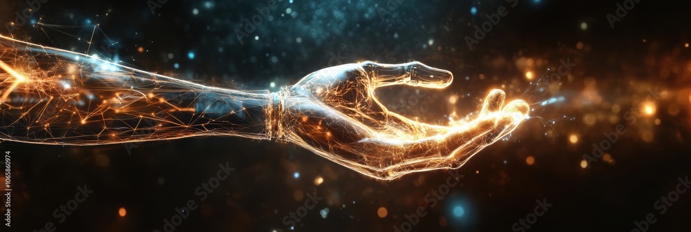 Aufkleber a dynamic representation illustrates a prosthetic arm activated by neural signals, highlighting glow