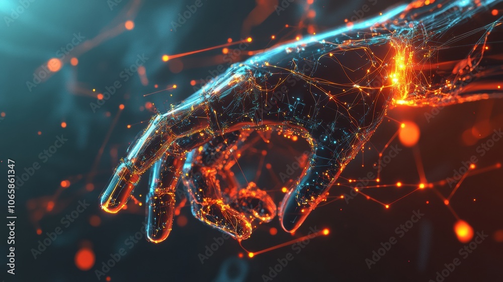 Fototapete A vivid representation shows a prosthetic arm activated by neural signals, with bright lines linking it to a brain source. Generative AI