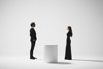 Obraz premium two people in formal attire standing on either side of a white pedestal
