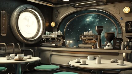 A futuristic cafe with a view of space, featuring coffee equipment and tables.