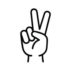 Obraz premium Black and White Peace Sign Line Icon, Minimalist line drawing of a hand making a peace or victory sign with two raised fingers, outlined in black on a white background. 