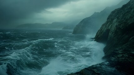 Obraz premium Intense scene of waves crashing against a rocky shore, high contrast and dramatic lighting