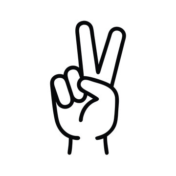 recommend clip art: Black and White Peace Sign Line Icon, Minimalist line drawing of a hand making a peace or victory sign with two raised fingers, outlined in black on a white background.
                    