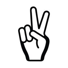 Obraz premium Black and White Peace Sign Line Icon, Minimalist line drawing of a hand making a peace or victory sign with two raised fingers, outlined in black on a white background.