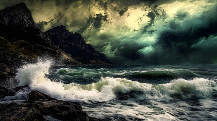 Obraz premium Intense scene of waves crashing against a rocky shore, high contrast and dramatic lighting