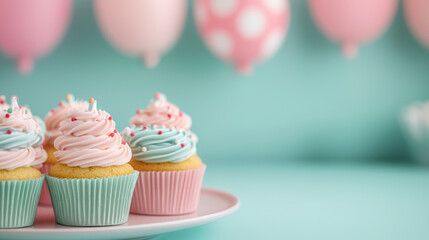 Colorful cupcakes with swirled frosting are displayed on a plate, set against a cheerful background featuring pastel balloons.