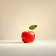 Juicy red apple with green leaf on plain background