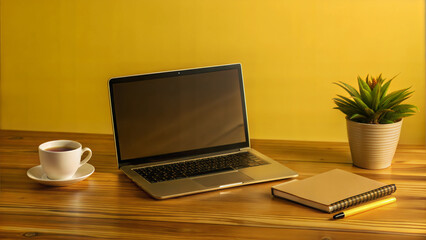 Fototapeta premium Minimalist Workspace with Laptop, Coffee, Notebook, and Plant on Wooden Desk