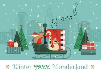 Winter Jazz Wonderland fancy festive vector poster. Saxophone Live Music cute hand drawn minimal design element illustration. Christmas season Holiday celebration, live concert performance background