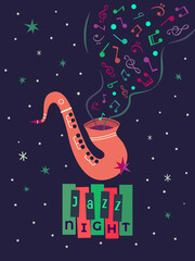 Winter Holidays Christmas Jazz Night poster. Sax burst out musical notes minimal design element illustration. Christmas season Holiday joyful celebration, live concert performance background