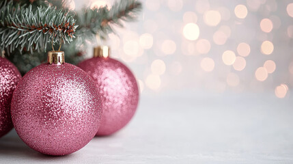 A close-up of sparkling pink Christmas ornaments hanging from a pine branch, set against a blurred, softly lit background.