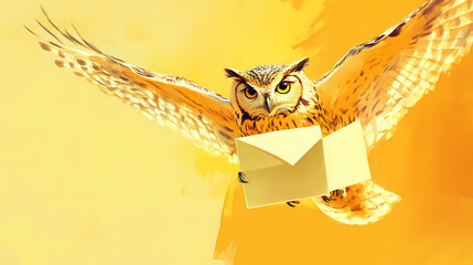 A mystical owl carrying a letter against a backdrop of vibrant yellow. enigmatic avian bearer of a concealed communication. Mystical. Illustration
