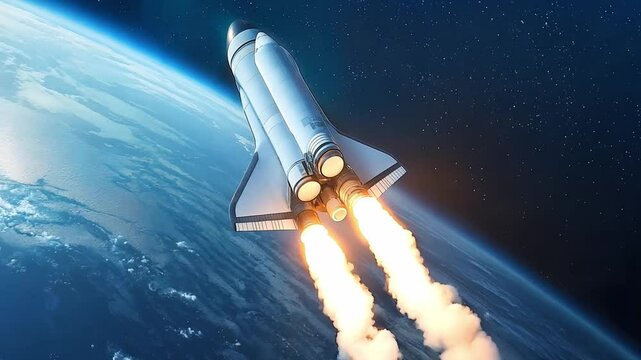 The spacecraft ascends with intense rocket flames, highlighting its journey through the atmosphere while Earth is visible beneath