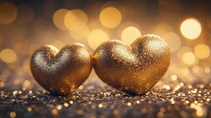 Fototapeta premium Two Golden Hearts Illuminated by Warm Bokeh Lighting for Romantic Elegance