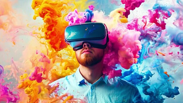 A man wearing a virtual reality headset immerses himself in a vivid, colorful experience reminiscent of an artistic explosion