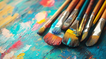 A colorful array of paintbrush resting on a vibrant paint-splattered surface.