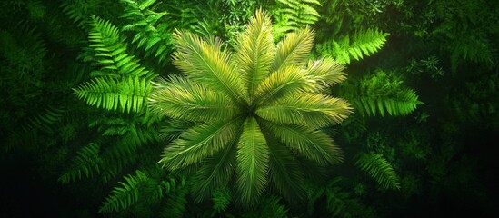 Obraz premium Lush tropical foliage with vibrant green fern leaves and a striking palm-like plant in the center