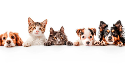 A delightful group of cats and dogs looks inquisitively over a white surface, showcasing their unique personalities. Each pet expresses curiosity and playfulness in this heartwarming moment