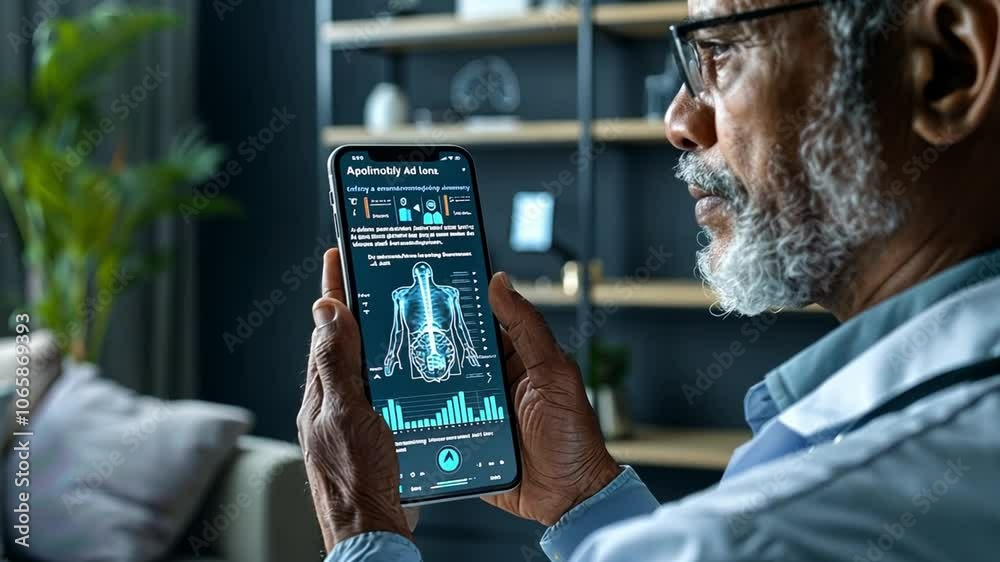 Poster a healthcare professional is focused on viewing detailed patient data displayed on a smartphone scre