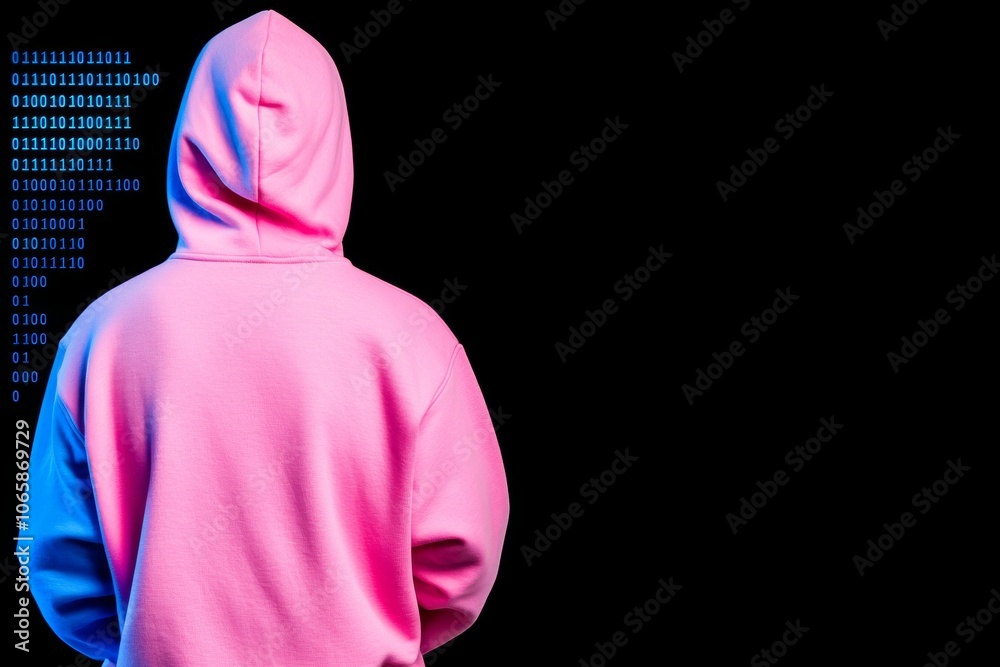 Poster the back view of a computer hacker wearing a hooded sweatshirt over a binary abstract background. th