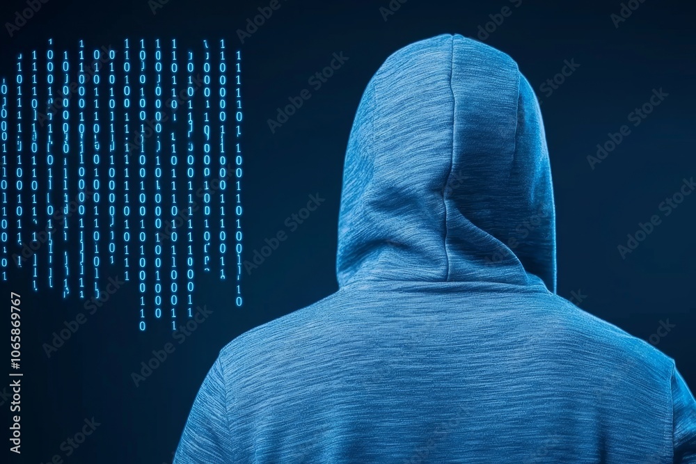 Poster the back of a computer hacker in a hooded hoodie standing against an abstract binary background. the
