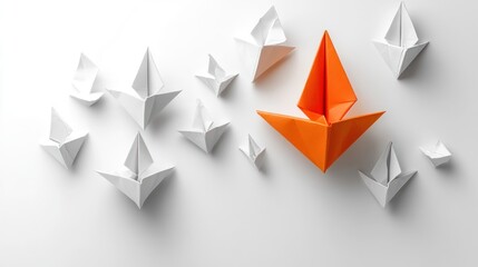 Fototapeta premium A single orange paper boat stands out from a group of white paper boats on a white background.