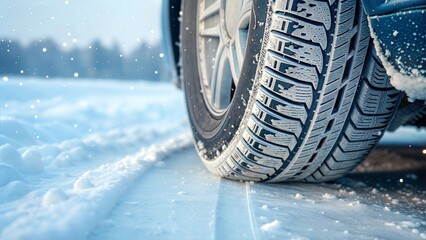 Car with Winter Tire on Icy Road with Falling Snow