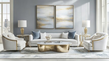 Fototapeta premium A Luxurious Living Room with White Upholstery, Gold Accents, and Abstract Art