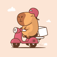 A cute cartoon-style vector illustration of a capybara happily riding a pink scooter, delivering a package. 