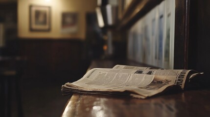 A vintage newspaper rests on a bar counter in a warmly lit pub during the evening, inviting readers to explore its stories