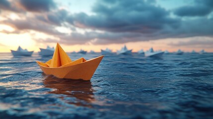 Obraz premium A single yellow paper boat leads a fleet of white paper boats on a calm sea at sunset.