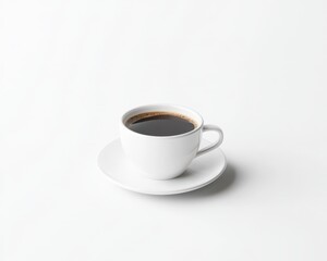 a white coffee cup filled with dark roasted coffee on a white background