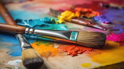 Fototapeta premium Colorful Paints and Brushes on Artist Palette