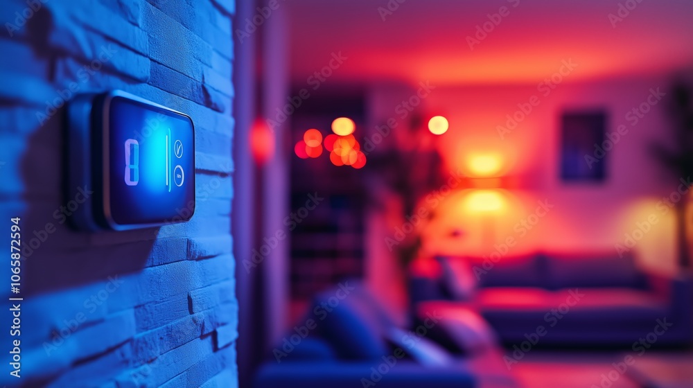Poster modern smart thermostat on a wall with ambient lighting, symbolizing advanced technology, comfort, a