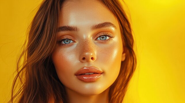 Close-up portrait of her she nice-looking charming attractive lovely winsome fascinating cheerful cheery straight-haired lady making taking selfie isolated over bright vivid shine yellow background