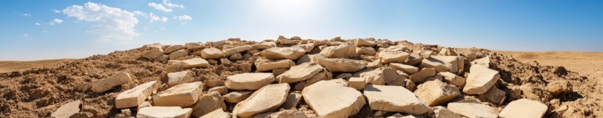 Vast desert landscape with rocky terrain and blue sky