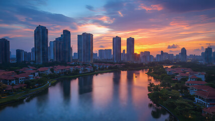 Fototapeta premium Sunset over the river highlights luxury houses and towering skyscrapers