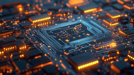Obraz premium An abstract close-up of a digital circuit board with glowing orange lights and intricate circuitry patterns