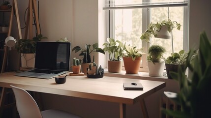 Fototapeta premium Cozy Workspace with Indoor Plants and Laptop
