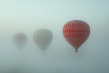 Obraz premium Hot air balloons drift through fog in a serene landscape during early morning light