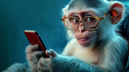 Funny monkey is holding a mobile phone