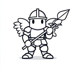 Holding a shield and spear, an angel in armor with large wings